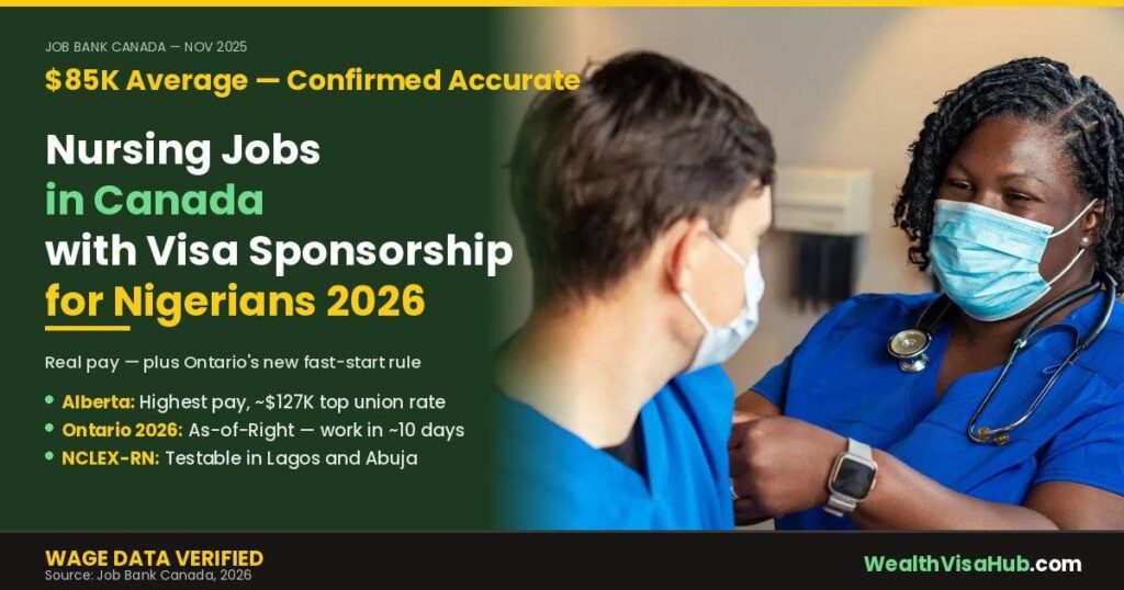 Two nurses in scrubs consulting, guide to nursing jobs in Canada with visa sponsorship for Nigerians