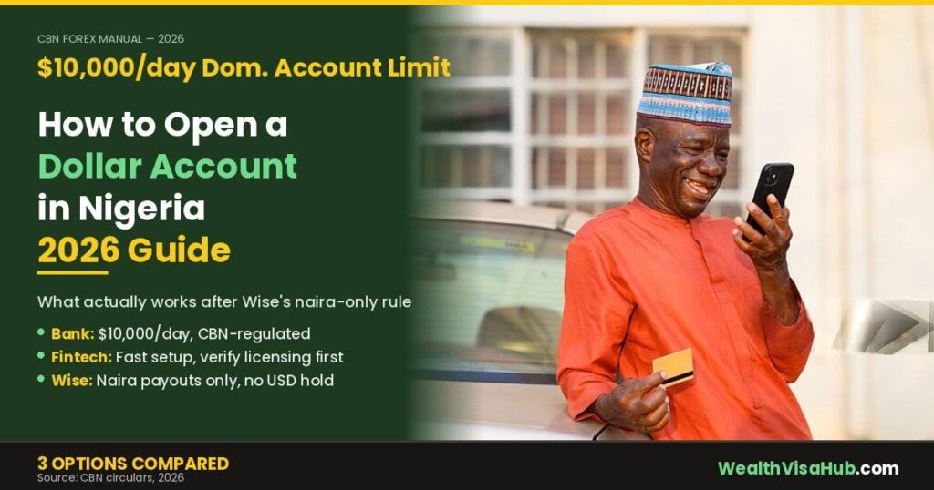 Nigerian man checking dollar account on phone, guide to open a dollar account in Nigeria 2026