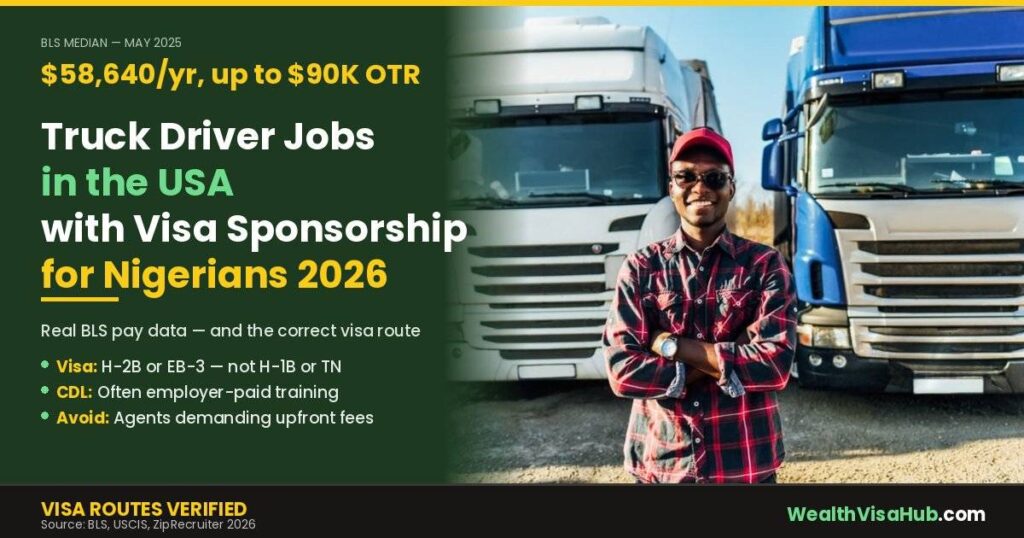 Truck driver jobs in USA with visa sponsorship for Nigerians — driver standing in front of trucks, 2026 guide